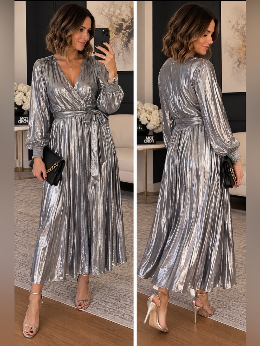 SAGE & FIG SILVER PLEATED DRESS